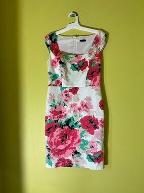 Ann Taylor White Midi Dress with Pink Floral Print